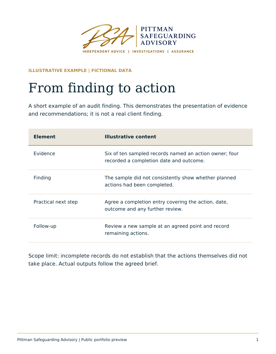 Audit findings and next steps document preview — illustrative example